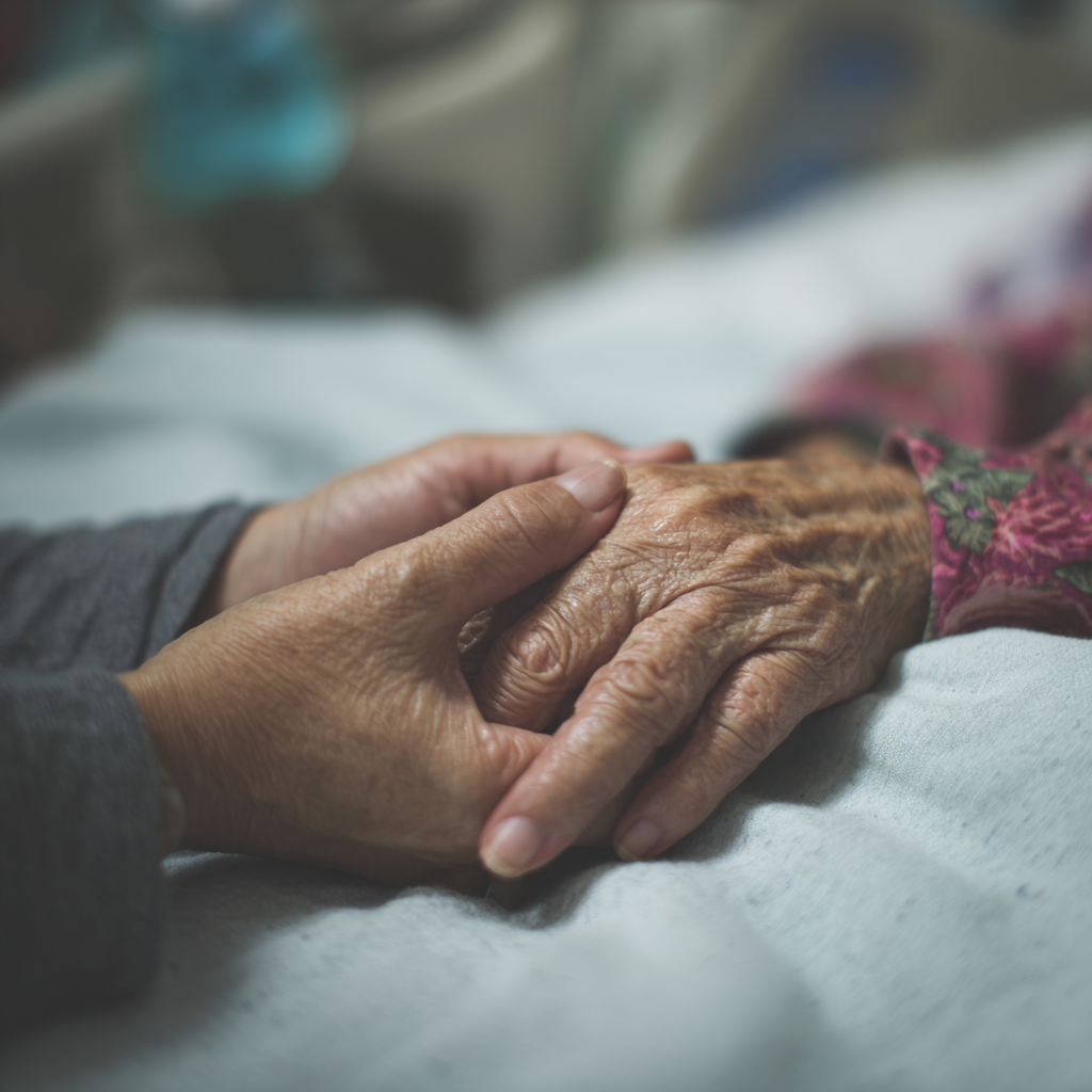 A younger hand gently holding an elderly person's hand